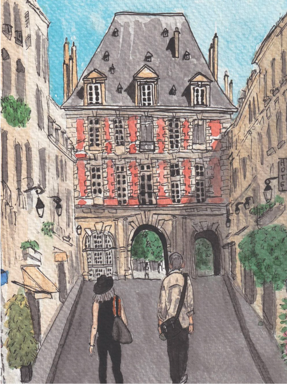 Walkers In Place Des Vosges, Paris watercolor print: 8x10